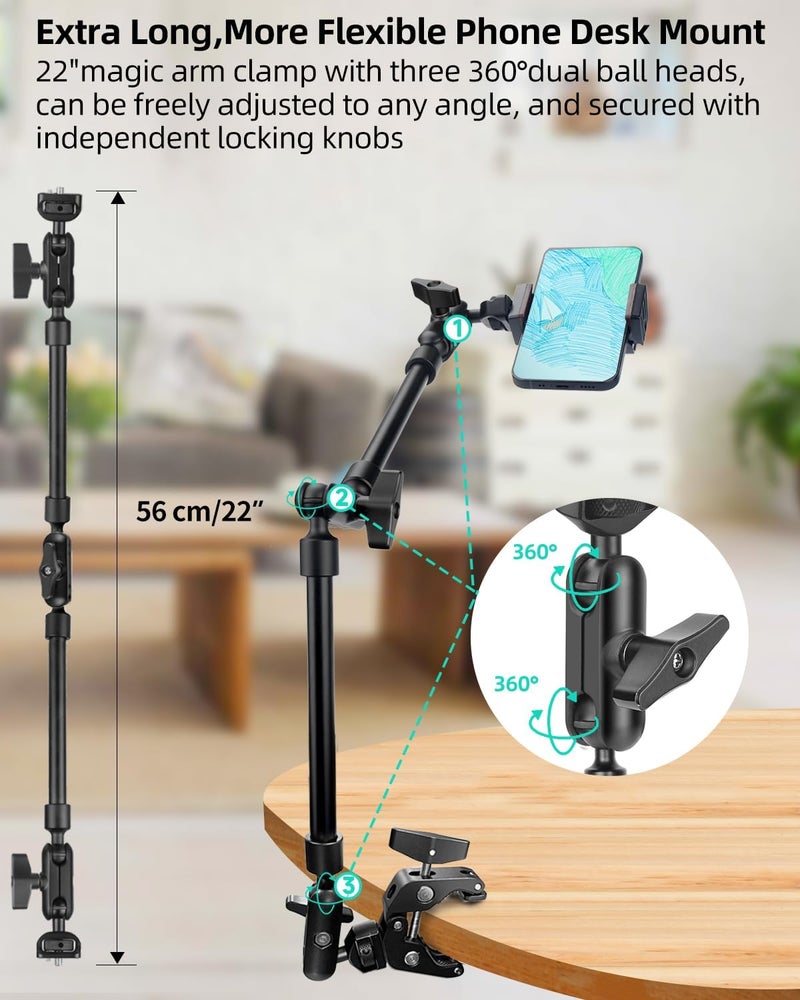 JEBUTU 22" Magic Arm w Clamp, Overhead Phone Mount, Desk Camera Mount w Articulating Friction Boom Arm Thread Adapter, for Phone Video Light Webcam Microphone Action Camera Content Creators - Image 3